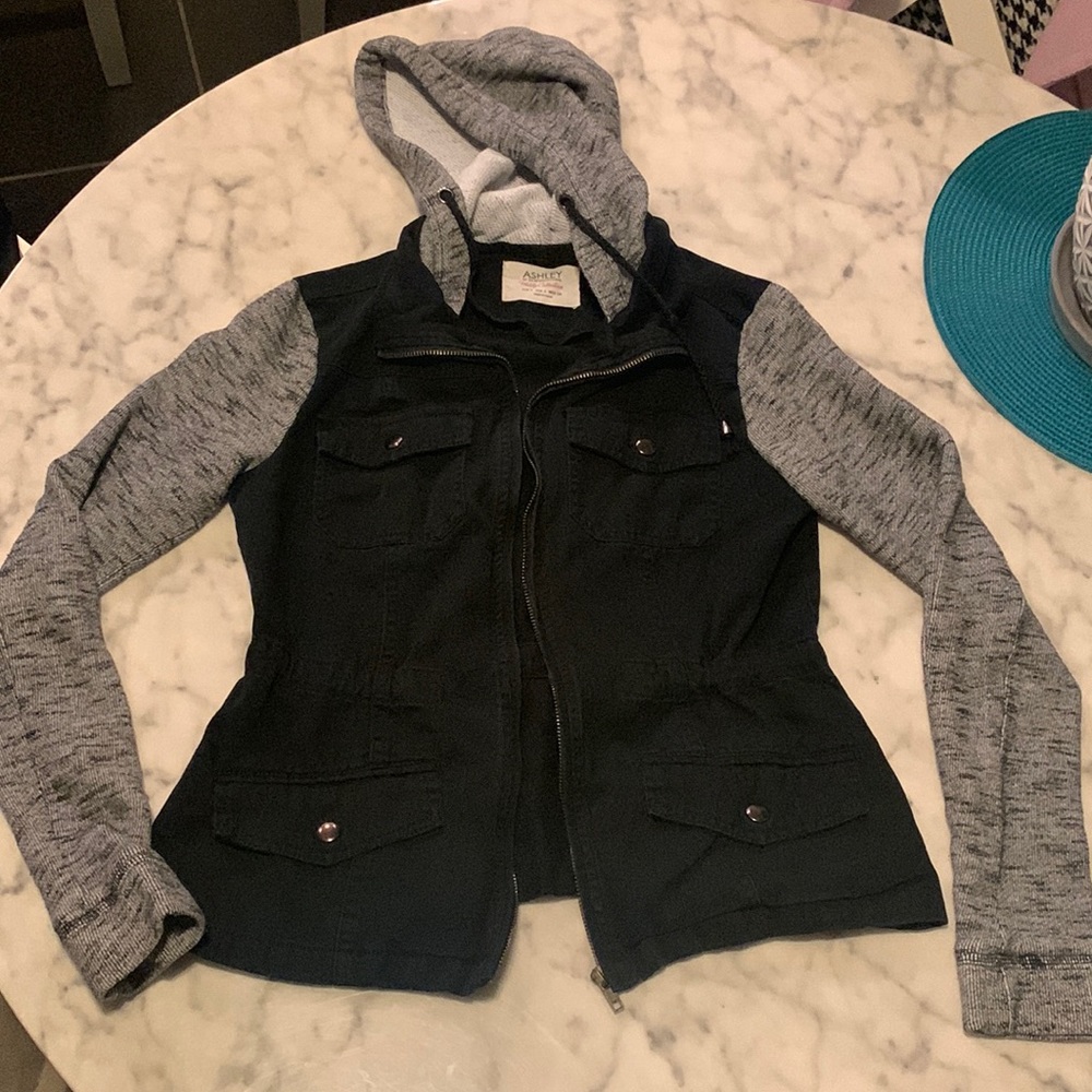 Black and gray hooded zip up jacket in size small